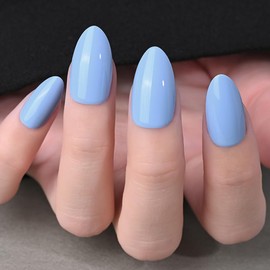 evpct Glossy Press on Nails Short Almond Short for Women, Aqua Blue Fake Nail with Glue Salon Quality Reusable Stick on Nails In 15 Sizes 30Pcs Full Cover False Nail Soft Gel Set Kit for Gift, 06