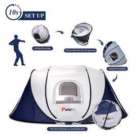 Peirhw Camping Pop Up Tent, 2-4 Person Automatic Easy Setup Tents, 2 Doors-Instant Popup Family Tents for Camping, Hiking, Traveling