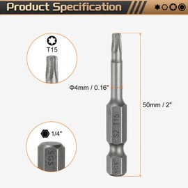 sourcing map 3pcs T15 Torx Head Screwdriver Bit 1/4" Hex Shank 2" (50mm) Long Magnetic No Hole Tip Tamper Proof 6 Point Star Screw Driver Drill Bits S2 Steel Industrial Power Screwdrivers