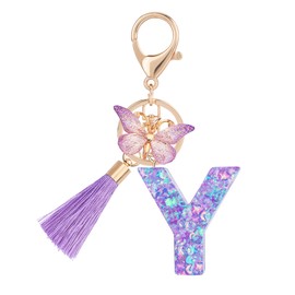 Suweibuke Colourful Cute Initial Letter Keychains for Women Girls with Tassel Butterfly, Charm for Purse Handbags Backpacks (Purple Dream Star Sky-Y)