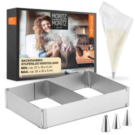 Moritz & Moritz Rectangular Baking Frame Adjustable 5 cm High - Baking Ring Square Infinitely Adjustable from 27 x 18 to 51 x 33 cm - Rectangular Baking Mould for Baking - With 10 Piping Bags and 3