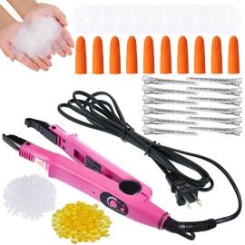 Lanties Hair Extensions Iron Fusion Keratin Heat Tool Heat Connector Wand with Fusion Glue Protector Template Hair Clip Finger Protector 2 Bag Keratin Glue Granule Bead(Pink)