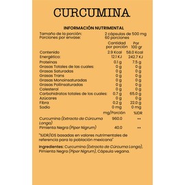 Curcumina Suplemento Alimenticio Pimienta Negra Curcumina Ingredientes Naturales Vegano 120 Capsulas 500mg