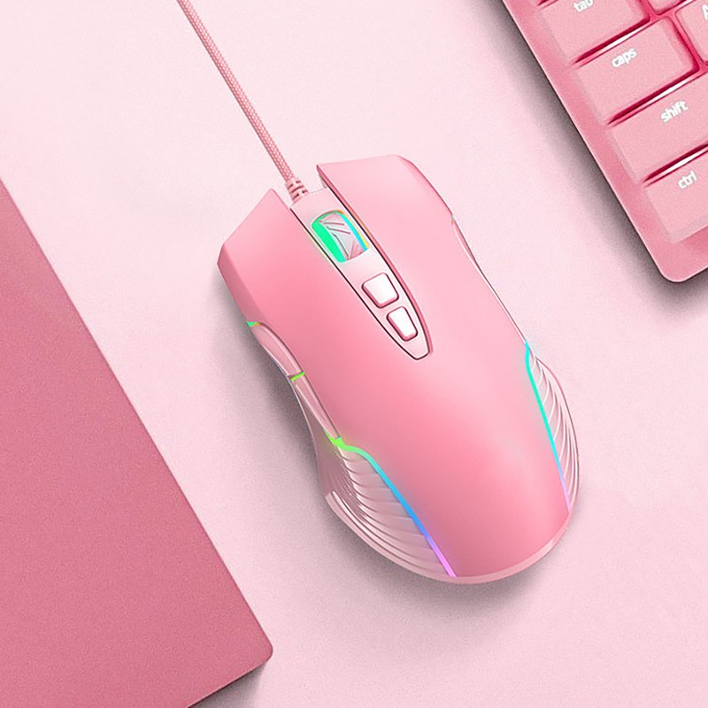 Wired Mouse Pink Ergonomic Design RGB Backlit Motion Detection 5.9ft