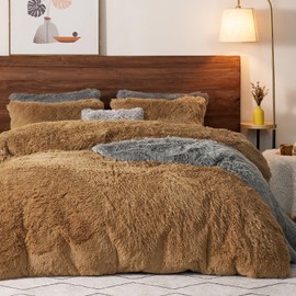 PHF Fluffy Taupe Faux Fur Duvet Cover Set Queen, Luxury Soft Plush Shaggy Comforter Cover Set with Fuzzy Pillow Shams,Thick Lightweight 3PCS Velvet Cozy Furry Warm Bedding Set for All Season