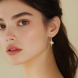 Sonateomber Gold Lucky Four-point Star Dangle Earrings for Women Sparkly Teal Blue Aquamarine Rhinestone Crystal Dangling Stud Prom Birthday Accessories Fashion Jewelry Gift