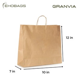 EKOBAGS: Granvia Bag 50 Pcs, 12" x 10" x 7", Brown Kraft Paper Bag with Handles.