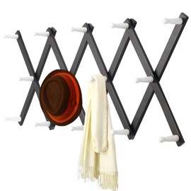 Dseap Accordian Wall Hanger: 16” High Wooden Wall Expandable Coat Rack, Hat Rack Holder, Accordion Hook for Baseball Caps, Coats, Mugs, 14 Peg Hooks, Black & White