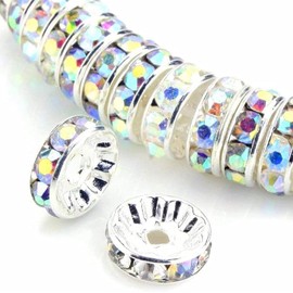 YouLuo 100Pcs Rondelle Spacer Beads Round Czech Rhinestone Crystal Charm Loose Spacer Beads Silver Plated for Jewelry Making Supplies DIY Bracelet Necklace (AB Crystal, 4mm)