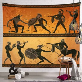 Ancient Greece Warrior Tapestry, Minotaur Hunting Centaur Black Figure Pottery Classical Greek Style Gods Wall Hangings Tapestry for Bedroom Living Room Office Dorm Man Cave Background(80x60 Inch)