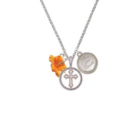 Delight Jewelry Silvertone Hot Orange Hibiscus Flower Silver-tone Give Thanks to God Cross Pendant Necklace, 23"