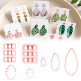 Hpmjz 7 pcs Pink Clay Press Earring Molds Leaf Claycutters Set Comfortable Leaf Earring Cutters Polymer Clay Cutter with Different Sizes for DIY Making Jewelry Tools