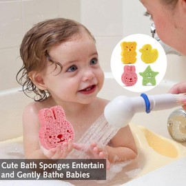 Baby Sponges for Bath,4Pcs Soft Animal Shapes Bath for Kids Natural Massage Sponges, Cute Baby Sponges for Newborn Gentle on Newborn (Orange,Green,Yellow,Pink)