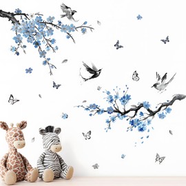 2 PCS Watercolor Blue Flower Branches Wall Stickers for Bedrooms Wall Murals for Bedrooms 90 * 28.5cm Suitable for Bedroom Living Room Sofa TV Background Decoration
