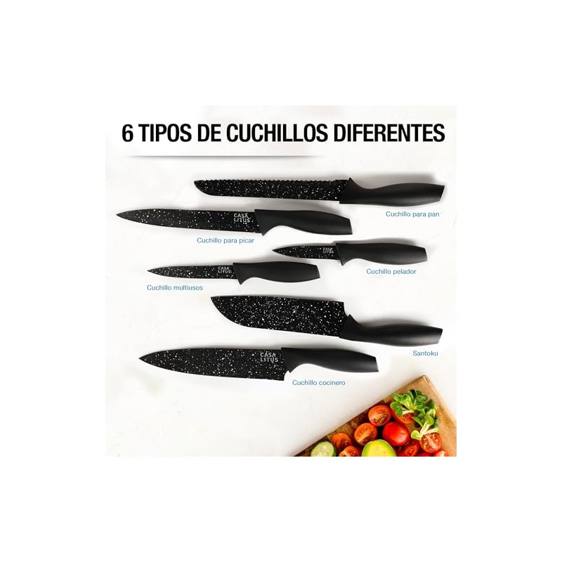 Casa Litus Cuchillos de Cocina Negros Acero Inoxidable 6 Piezas