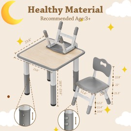 Pterying Kids Table and 2 Chair Set, Children Multi-Activity Table 3 in 1 Height-Adjustable Toddler Table and Chair Set, Graffiti Desktop, Daycare, Classroom, Playroom, Home, Grey