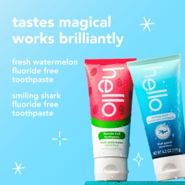 hello Smiling Shark and Fresh Watermelon Fluoride Free Kids Toothpaste Pack, Includes 4.2 oz Smiling Shark Kids Fluoride Free Toothpaste and 4.2 oz Fluoride Free Fresh Watermelon Toothpaste