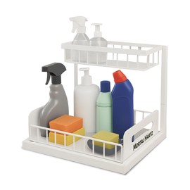 MORTAL HARTZ Under Sink Organizer Rack – 2-Tier Pull-Out Storage Shelf for Kitchen & Bathroom Cabinets – Space-Saving L-Shaped Metal Organizer with Sliding Baskets (White, 1-Pack)