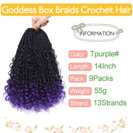Fulcrum Goddess Box Braids Crochet Hair 14 Inch, 9 Packs Box Braids Crochet Hair for Women, Crochet Braids with Curly Ends (14Inch, 1B/Purple#)