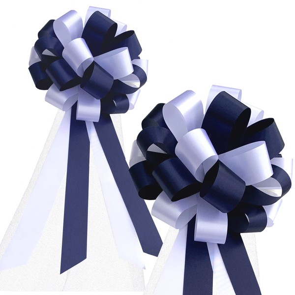Navy Blue & White Pull Bows with Tulle Tails - 8" Wide, Set of 6, Wedding Pew Bows, Christmas, Aisle Decor, Reception, Anniversary, Birthday, Fundraiser, Decoration, Classroom, Office, Fundraiser