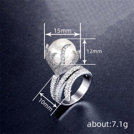 Exaggerated Imitation Pearl CZ Statement Wrap Ring for Women Silver Plated Unique Style Crystal Flower Layered Big Round Pearl Stacking Finger Rings Comfort Fit Fashion Jewelry for Wedding Her, Silver