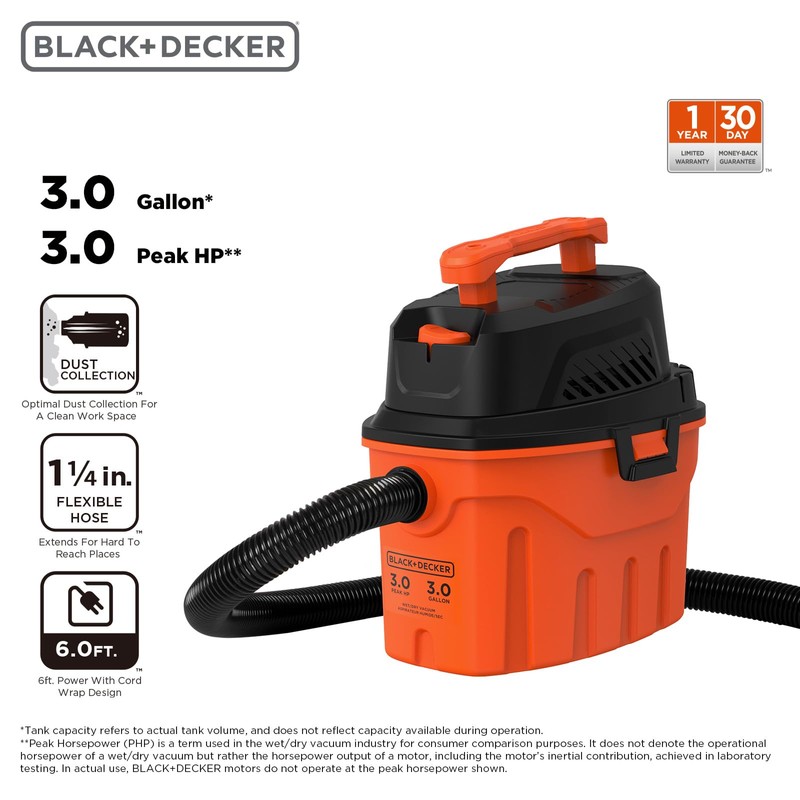 BLACK+DECKER Shop Vacuum Wet and Dry, 3 Gallon 3.0 Peak