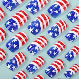 Patriotic Independence Day Press on Nails Medium Square 4th of July False Nails American Flag Design Glue on Nail Glossy Acrylic Fake Nail for Women