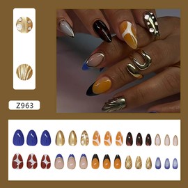 RTKHFZE Short Almond Press on Nails Multi Color Design,Extra Short Almond Shape Fake Acrylic Nail Press Ons,Fall/Winter Full Cover Nails for Women/Prom/Party/Holiday(Blue Orange Gold)