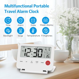 AMIR Travel Alarm Clock, Portable Digital Alarm Clock, Compact Calendar Timer with Snooze, 12/24H Display, Battery-Powered LCD Clock for Travel, Home, and Office Use