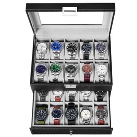BEWISHOME Watch Box Organizer 20 Men Display Storage Case Metal Hinge Black PU Leather Glass Top Large Holder SSH04B
