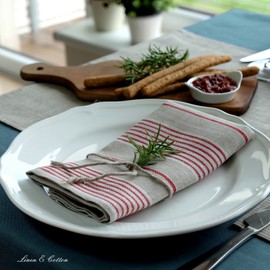 Linen & Cotton High-Quality 4 x Fabric Napkins / Napkins Fabric / Linen Napkins Ulla - 100% Linen, Beige/Natural/Red (43 x 43 cm) Stripes, Christmas for Home/Home Kitchen Decoration Dining Room