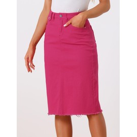 Allegra K Women's High Waist Denim Skirt Pockets Knee-Length Denim Skirt Midi Skirt Pink L, pink, L