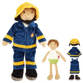 SIGIKID 42859 Learning Doll Fireman Plush Dressing Doll Clothes on and Off Clothes: Buttons, Velcro, Zip: Play, Learn, Cuddle – for Children from 12 Months, Multicoloured/Fireman 45 cm