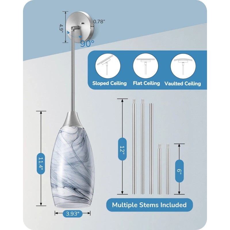 DEWENWILS EDISHINE Pendant Light Fixture, Hardwired Ceiling Light, Grey Marble