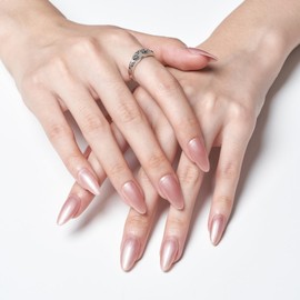 GLAMERMAID GLAMERMAID Metal Pink Press on Nails Medium Almond, Pearl Pink Glazed Glitter Jelly Soft Gel Fake Nails Stiletto, Glossy Glue on Nails Short Oval, Reusable Acrylic Stick on False Nails Kit for Women