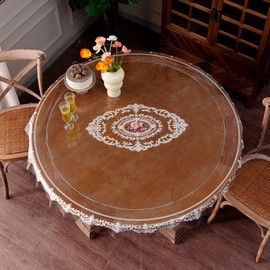 Artbloss Waterproof Clear Table Cover Protector Vinyl Round Table Cloth with Lace Pattern Oil Spill Proof Wipe Clean Plastic Tablecloths for Dining Tables (French Lace, 55 Inches Round)
