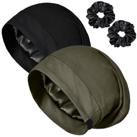 2PCS Satin Bonnet for Sleeping Night Cap, Adjustable Satin Lined Silk Bonnets Sleep Cap for Curly Hair Braids Beanie Black Women