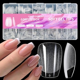 600 Piezas Uñas Postizas Transparentes, Tips Almendra Cortas 12 Tamaños