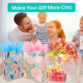 Gift bag for Women Girl Her,Large Gift Bag with Tissue Paper,Elegant Birthday Gift Bag with Flower Foil Gold Marking,Big Gift Bag Birthday Gift Wrap Bag,Birthday Bag Present Bag for Birthdays Mother's Day Bridal Shower Wedding Retirement Anniversarie Eng