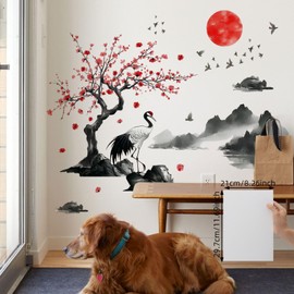 FUFUQUARE Japanese Style Landscape Painting Wall Stickers Crane Sun Mountain Wall Decals PVC Removable Art Decor for Bedroom Living Room, Hallway Playroom Office Decoration