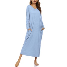 Marvmys Women Long Sleeve Sleeping Gown Soft Cotton V Neck Nightgown Plus Size Maxi Nightshirt Baby Blue