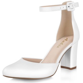 Ankis Closed Toe Heels for Women -White Womens Heels Closed Toe Chunky Block Pumps Shoes, 3 Inch