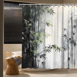Bamboo Shower Curtain Vintage Japanese Ink Painting Green Plant Leaf Forest Stone Asian Rustic Wild Nature Plant Spring Scenic Bath Curtain Fabric Bathroom Accessories Decor with Hooks 70W x70L