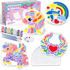 Paint Your Own Stepping Stones Painting Kit for Kids, Unicorn Craft Kits Boys & Girls Ages 3-12, Castle Heart Airplane Rainbow DIY Outdoor Garden Art & Craft Ceramic Painting Set 5-Pack