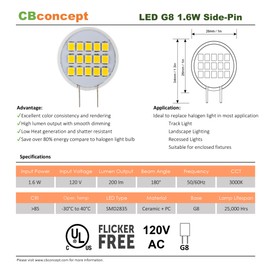 CBConcept UL-Listed Bi-Pin G8 LED Light Bulb, Warm White 3000K, AC120V 1.6 Watt, 20W Equivalent, Ceramic Sunflower, 180°Beam Angle, Under Cabinet/Counter, Puck Kitchen Light, NOT Dimmable (Pack of 5)