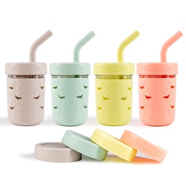 Pandaloo® Mason Jar Toddler Cup - 8 oz Spill-Proof Glass Tumbler with Silicone Straw and Lid, Non-Slip Sleeve, BPA-Free Toddler Snack Cups - Perfect Smoothie Cups with Lids and Straws for Kids
