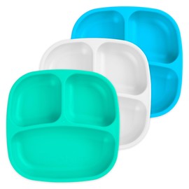 Re-Play Made in USA 7" Deep Walled Divided Plates for Kids, Set of 3 With 3 Lids - Reusable 3 Compartment Plates, Dishwasher and Microwave Safe - 7.37" x 7.37" x 1.25", Cool Breeze