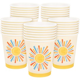 Whaline 100 Pcs Boho Sun Paper Cups Watercolor Blue Yellow Sunshine Disposable Cups for Hot Cold Drinks Birthday Baby Shower Here Comes the Son Party Table Supplies, 9oz