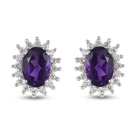 TJC Natural Amethyst and White Zircon Stud Earrings for Womens in Platinum Plated 925 Sterling Silver for Girlfriend/Wife/Mother February Birthstone