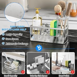 Kitchen Sink Caddy, ManKami 304 Stainless Steel Sink Caddy Sponge Holder with High Brush Holder, Kitchen Sink Organzier Dish Sponge Organizer with Divider